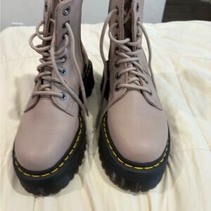 Dr. Martens Taupe Lace-Up Platform Combat Boots with Yellow Welt